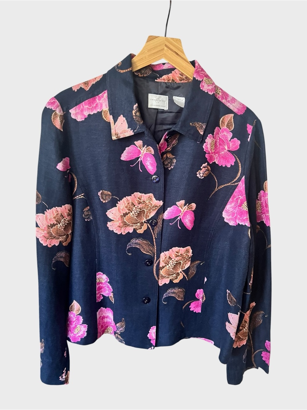 Emma James Floral Button-Front Jacket in Navy and Pink